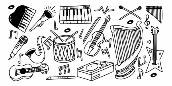 Beyaz arkaplanda izole edilmiş çocuksu karalama el çizim tarzındaki akustik müzik ögeleri kümesi.