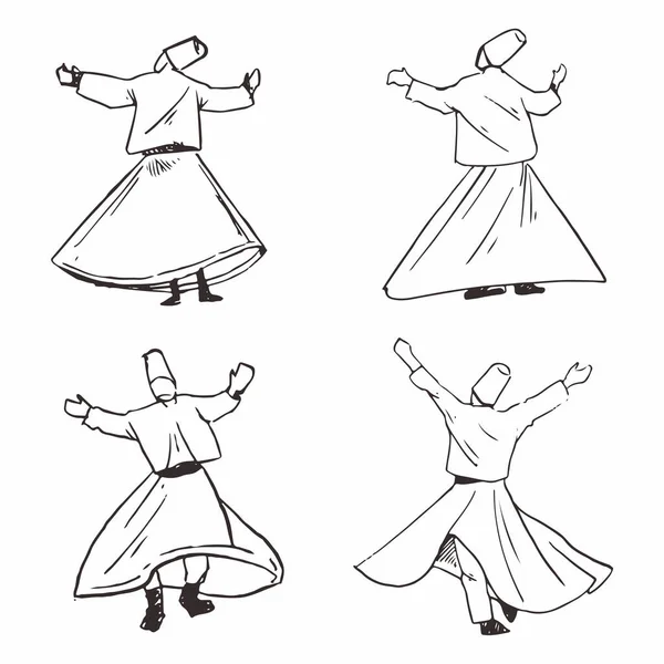 Dessiné Main Danse Soufi Derviche Tourbillonnante Isolé Sur Fond Blanc — Image vectorielle