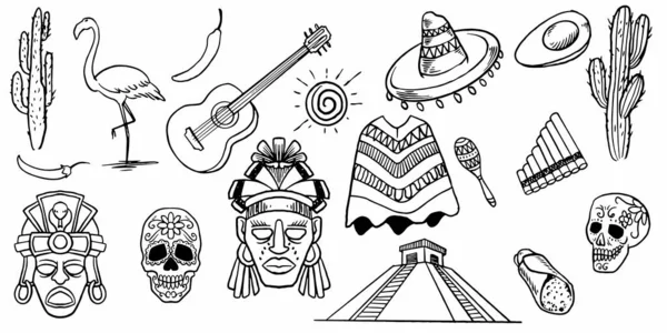 一组手绘墨西哥古代符号 在白色背景下隔离 — 图库矢量图片