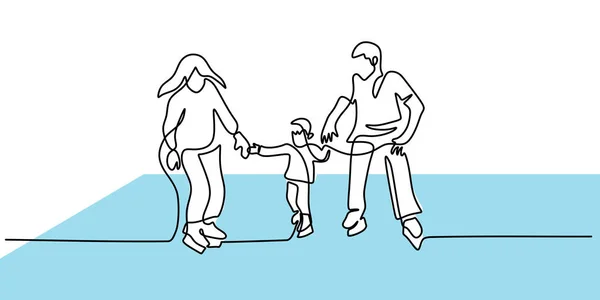 Continuo Una Sola Línea Familia Jugando Patinaje Sobre Hielo Deporte — Vector de stock