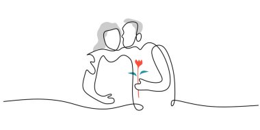 Beyaz arka planda izole edilmiş çiçeklerle kucaklaşan tek bir olgun çift çizgisi devam ediyor..