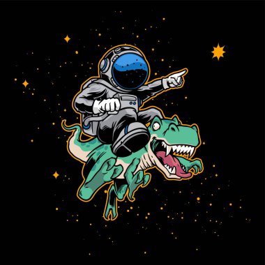 El çizimi, yeşil, gri, mavi ve altın rengi ile dinozorlara binen astronotlar..