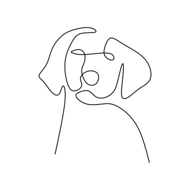 Beyaz arka planda tek bir çizgi halinde tek bir köpek kafası var..