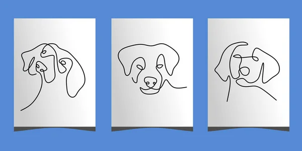 Contínua Uma Única Linha Três Bonito Cão Cabeça Cartaz Isolado — Vetor de Stock