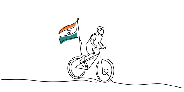 Una Sola Línea Continua Niño Trae Bandera India Bicicleta Para — Vector de stock