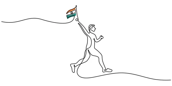 Continuo Una Sola Línea India Corriendo Hombre Sosteniendo Bandera India — Vector de stock