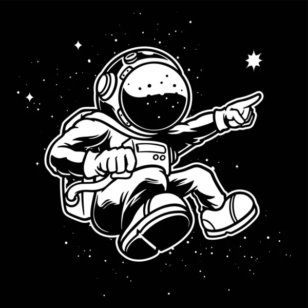 Handritad Illustration Söt Astronaut Flyger Yttre Rymden Svart Vit Färg — Stock vektor