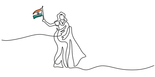 Continu Une Seule Ligne Femme Indienne Tenant Drapeau Inde Pour — Image vectorielle