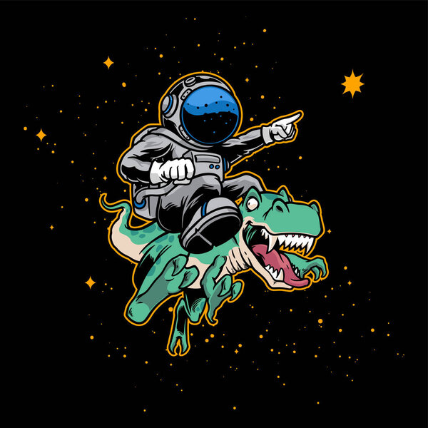 Hand drawn of astronaut riding dinosaurs on black space in green, grey, blue and gold color.