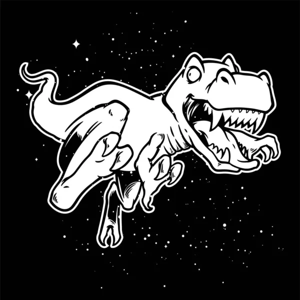 黒白色で宇宙空間を飛ぶ恐竜の手描きイラスト — ストックベクタ