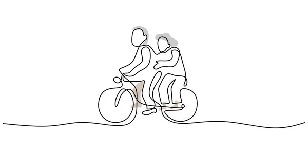 Continuous One Single Line Mature Couple Riding Bicycle Isolated White — Stock Vector