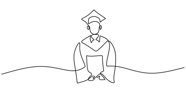 Continuous One Single Line Man Using Graduation Gown Isolated White — 图库矢量图片