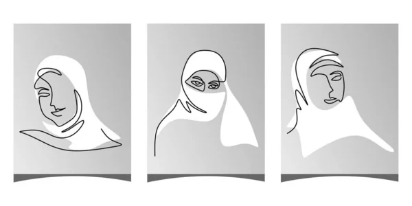 Satu Baris Tunggal Dari Tiga Poster Perempuan Jilbab Diisolasi Latar - Stok Vektor