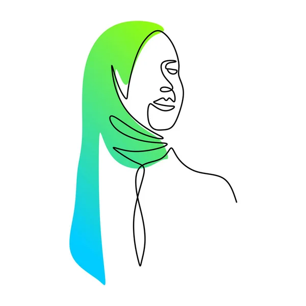 Contínua Uma Única Linha Mulher Hijab Azul Verde Isolado Fundo — Vetor de Stock