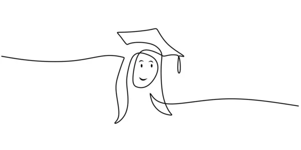 Continuo Una Sola Línea Niña Usando Sombrero Graduación Aislado Sobre — Vector de stock