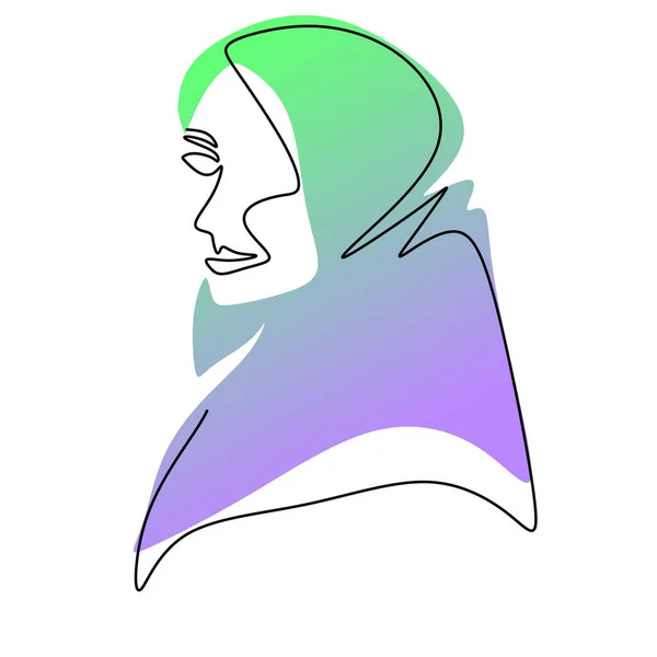 Contínua Uma Única Linha Azul Verde Mulher Hijab Isolado Fundo — Vetor de Stock