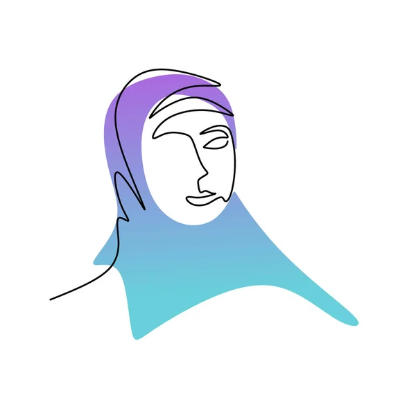 Continu Een Enkele Lijn Van Blauwe Hijab Vrouw Geïsoleerd Witte — Stockvector