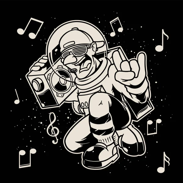 Disegnato Mano Astronauta Sullo Spazio Con Stile Rapper Portare Radio — Vettoriale Stock