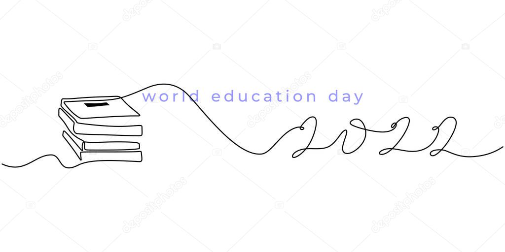 Continuous one single line of book isolated on white background for world education day 2022.