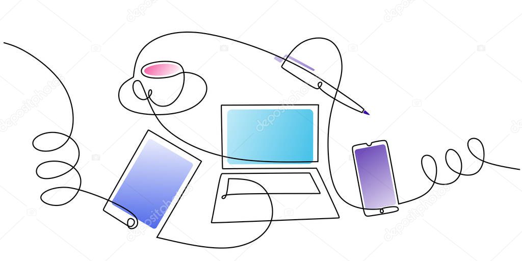 Continuous one single line of cup coffee, pen, tablet and laptop isolated on white background for studying stuff.