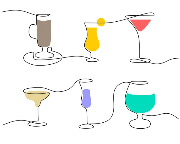 Continuous One Single Line Cocktail Glass Set Party Isolated White Vector Graphics