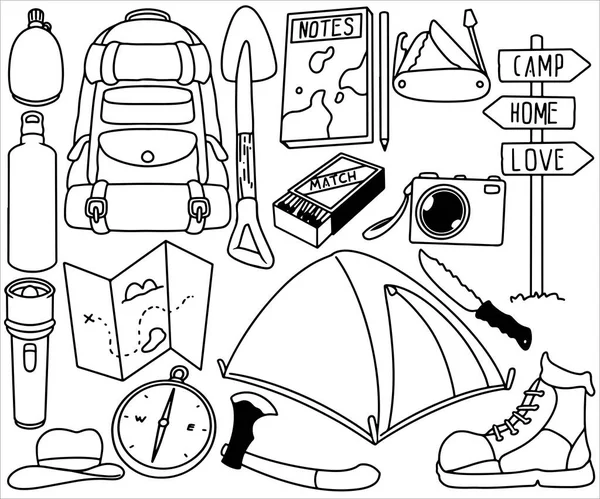 Ensemble Doodle Dessiné Main Camping Collection Choses Plein Air Isolé — Image vectorielle