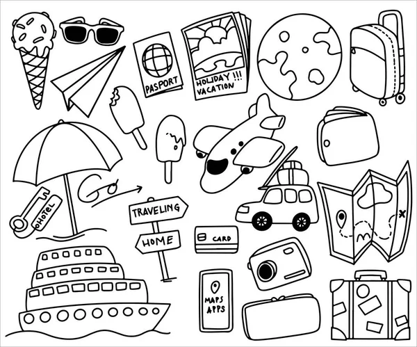 Set Von Doodle Handgezeichnete Reiseausrüstung Zeug Sammlung Isoliert Auf Weißem — Stockvektor