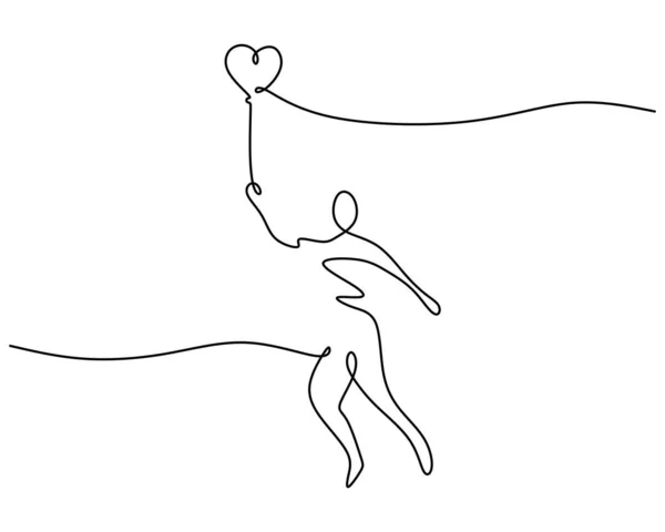 Sevgililer Günü Için Kalp Balonuyla Atlayan Tek Bir Kız Çizgisi — Stok Vektör