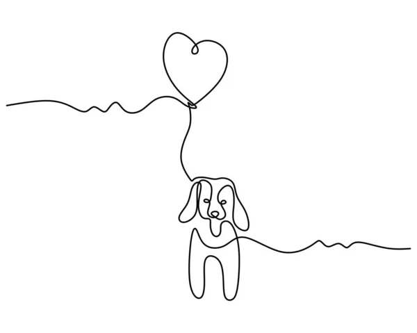 Μια Συνεχής Ενιαία Γραμμή Του Χαριτωμένου Σκύλου Δεμένα Μπαλόνι Αγάπη — Διανυσματικό Αρχείο