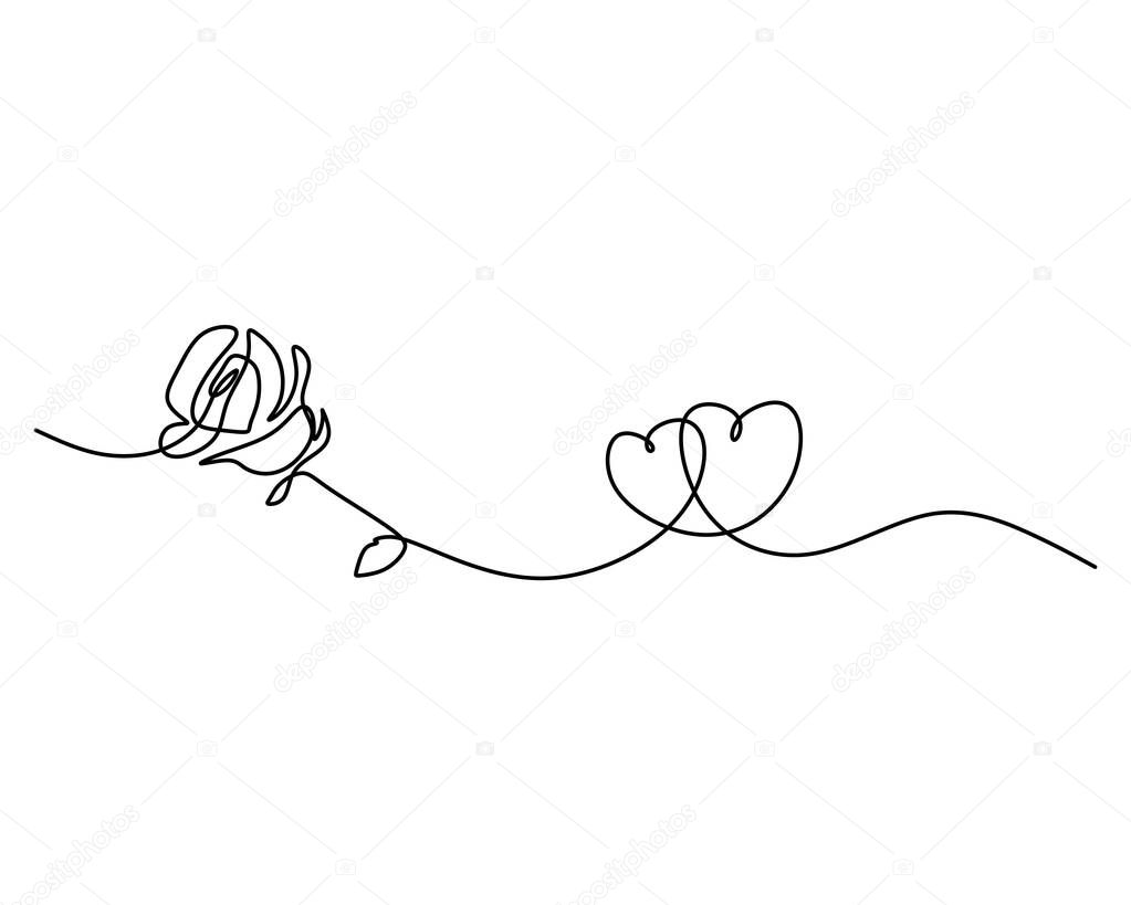 One continuous single line of rose flower and two hearts love shaped isolated on white background.