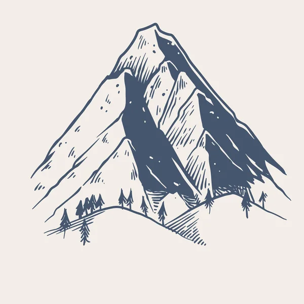 Dessiné Main Deux Grandes Montagnes Rocheuses Avec Petits Pins Dans — Image vectorielle