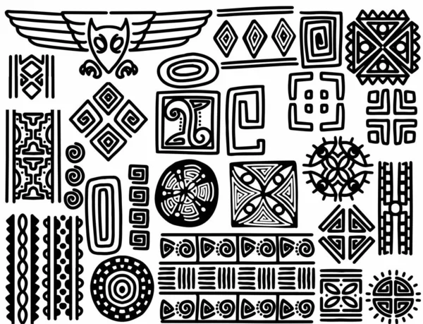 Handgezeichnete Stammesobjekte Abstrakte Geometrische Ethnische Ornamentpinsel Monochrom Isoliert Auf Weißem — Stockvektor