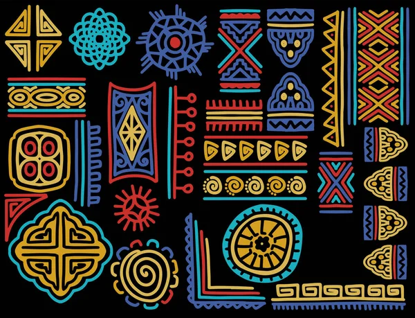 一套手绘的部落饰物 抽象的几何族裔对象刷 色彩斑斓的黑色背景 — 图库矢量图片
