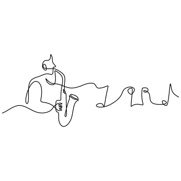 Одна Сплошная Линия Человека Играющего Саксофоне Нотами Изолированными Белом Фоне — стоковый вектор