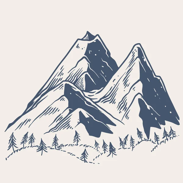 Dessiné Main Trois Grandes Montagnes Rocheuses Avec Petits Pins Dans — Image vectorielle