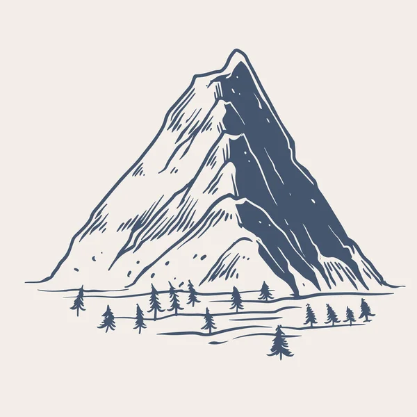 Mano Dibujada Roca Grande Montaña Con Pequeños Pinos Las Montañas — Vector de stock