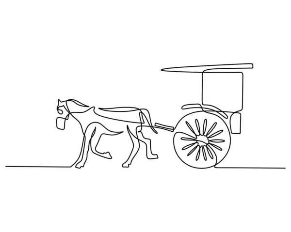 One Single Continuous Line Wagon Carriage Horse Pulling Vintage Transportation — Stock Vector