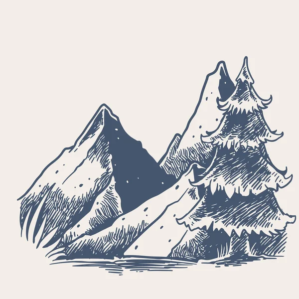 Croquis Montagne Avec Grand Pin Paysage Vectoriel Dessiné Main Avec — Image vectorielle
