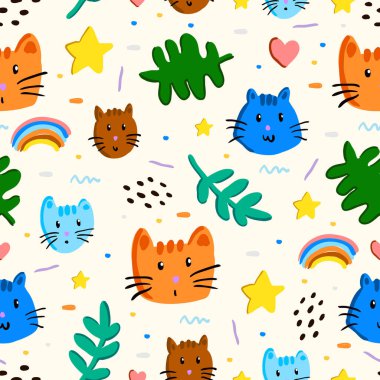 Kedi kafası, kalp, yıldız, gökkuşağı ve yapraklardan oluşan kusursuz desenler beyaz arka planda izole edilmiş çocuksu bir şekilde izole edilmiş..