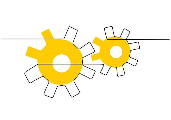 Continu Une Seule Ligne Deux Engrenages Jaunes Symbole Travail Équipe — Image vectorielle