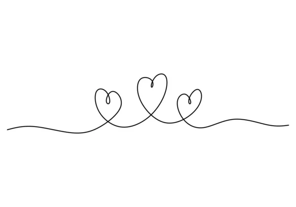 Continuous One Single Line Three Love Heart Symbols Isolated White — Stock Vector