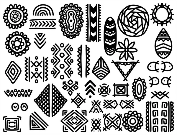 Ethnischen Stammes Handgezeichnete Elemente Schwarz Weißen Stil Gesetzt Sammlung Abstrakter — Stockvektor