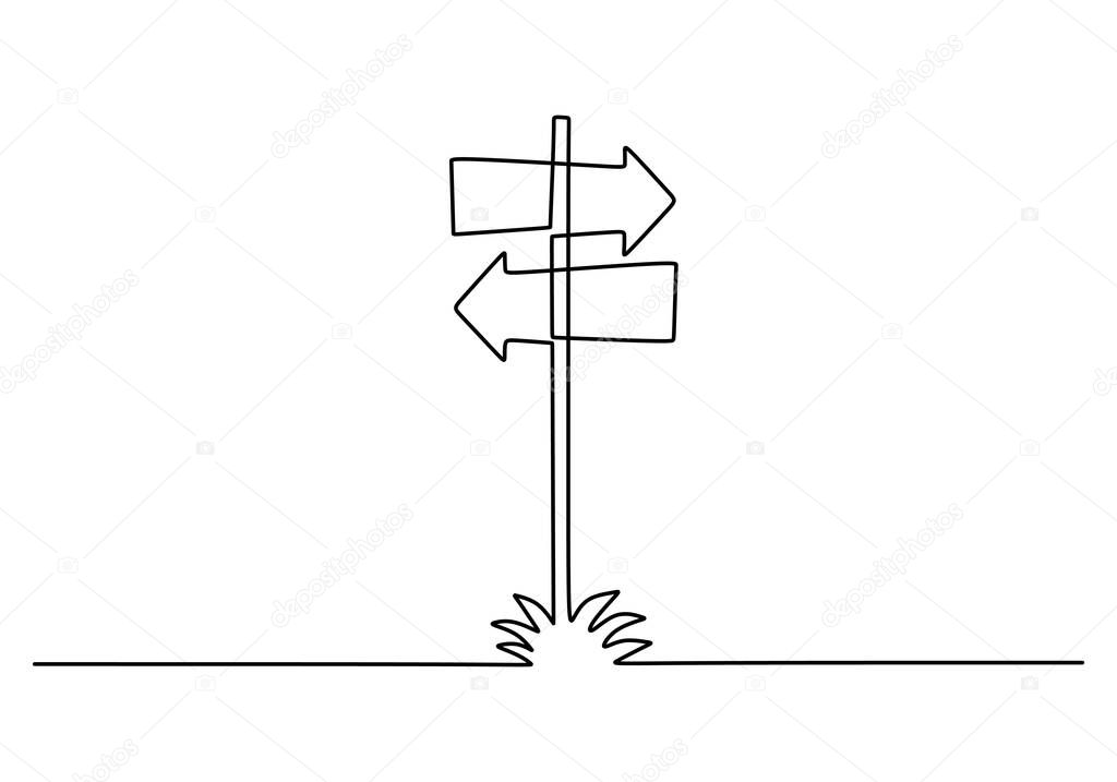 Continuous one single line of arrows signboard isolated on white background.