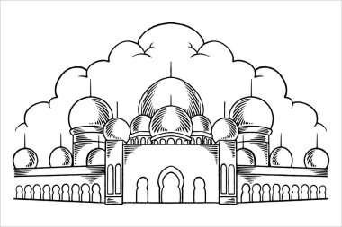 El çizimi ya da büyük caminin çizimi siyah beyaz arka planda ramazan için İslami süsleme elementi..