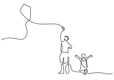 Beyaz arka planda izole edilmiş, baba ve oğulun uçurtma oynadığı tek bir satır..