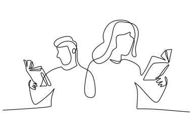 Beyaz arka planda izole edilmiş tek bir satır kız ve erkek kitap okuyor..