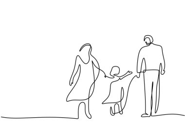 Beyaz arka planda tek bir anne, baba ve kız çizgisi var..