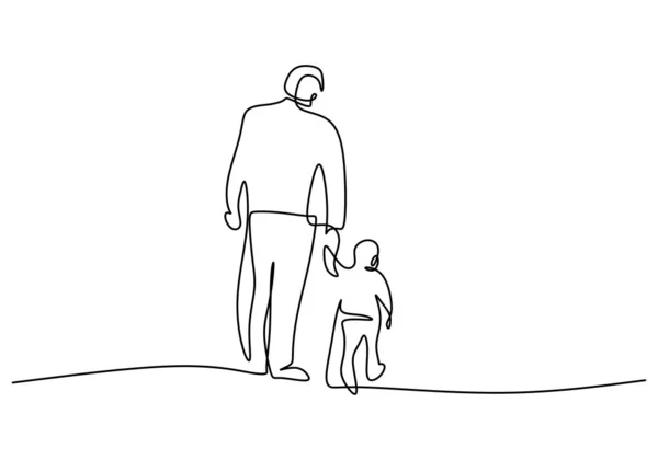 One Continuous Single Line Father Son Walking Together Isolated White — Stock Vector