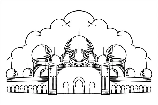 El çizimi ya da büyük caminin çizimi siyah beyaz arka planda ramazan için İslami süsleme elementi..