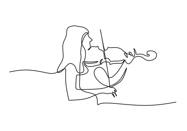白い背景に隔離された女性のバイオリン奏者の連続シングルライン — ストックベクタ